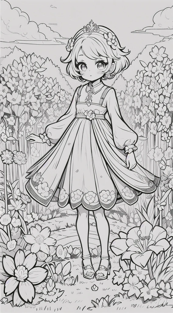  Girl with cat in your arms, kawaii princess, cat kawaii, girl standing, (Flower garden), short hair, full body, in the center of the camera, line art, black and white art .