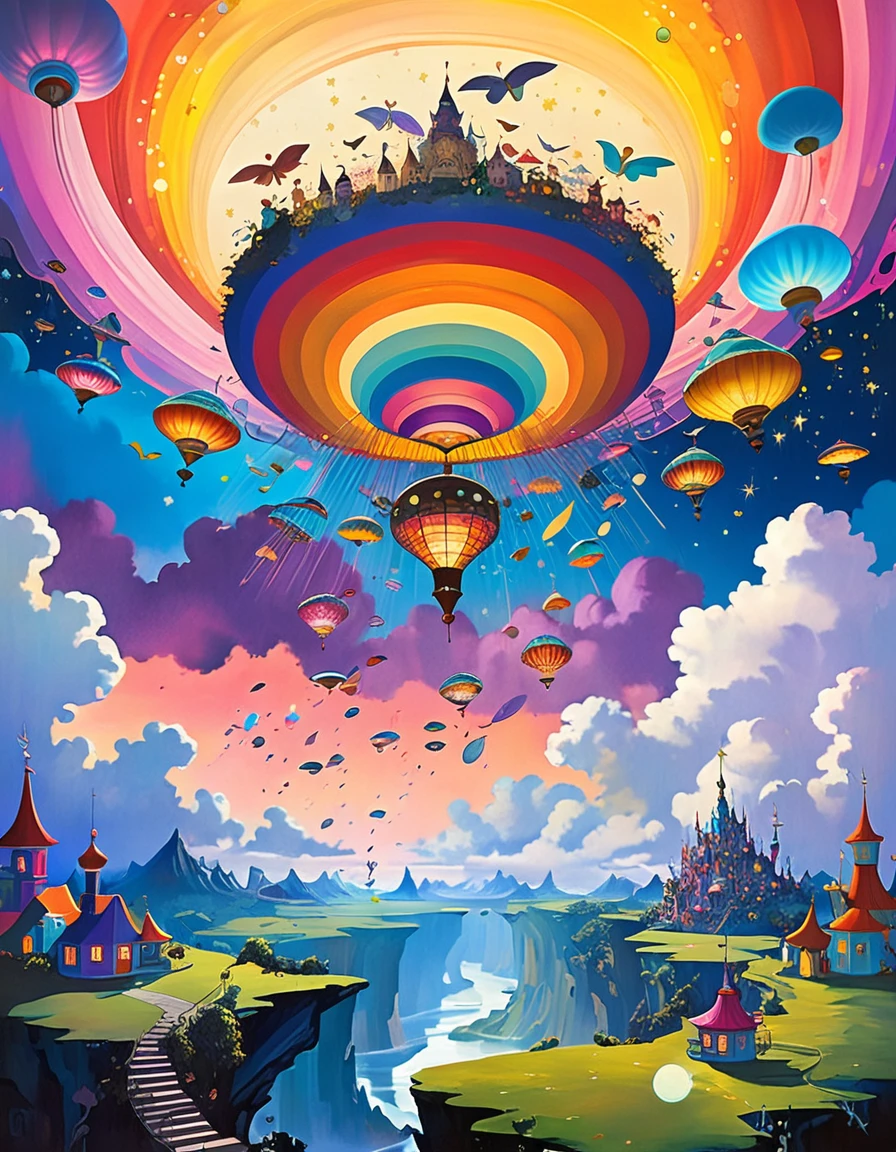 In a whimsical, colorful cartoon world, a kaleidoscope of flying objects swirls against surreal landscapes, inspired by the ethereal sounds of Midnight Tunes. Gentle mews and epic dreams converge as vibrant colors and exaggerated shapes come alive. A fantastical realm unfolds, reminiscent of Etam Cru's distinctive art style. Against a backdrop of swirling clouds and starry skies, photorealistic concept art by Rebeca Saray and Brad Kunkle captures the magic of this world in motion. (art inspired in Bill Sienkiewicz). oil painting) 