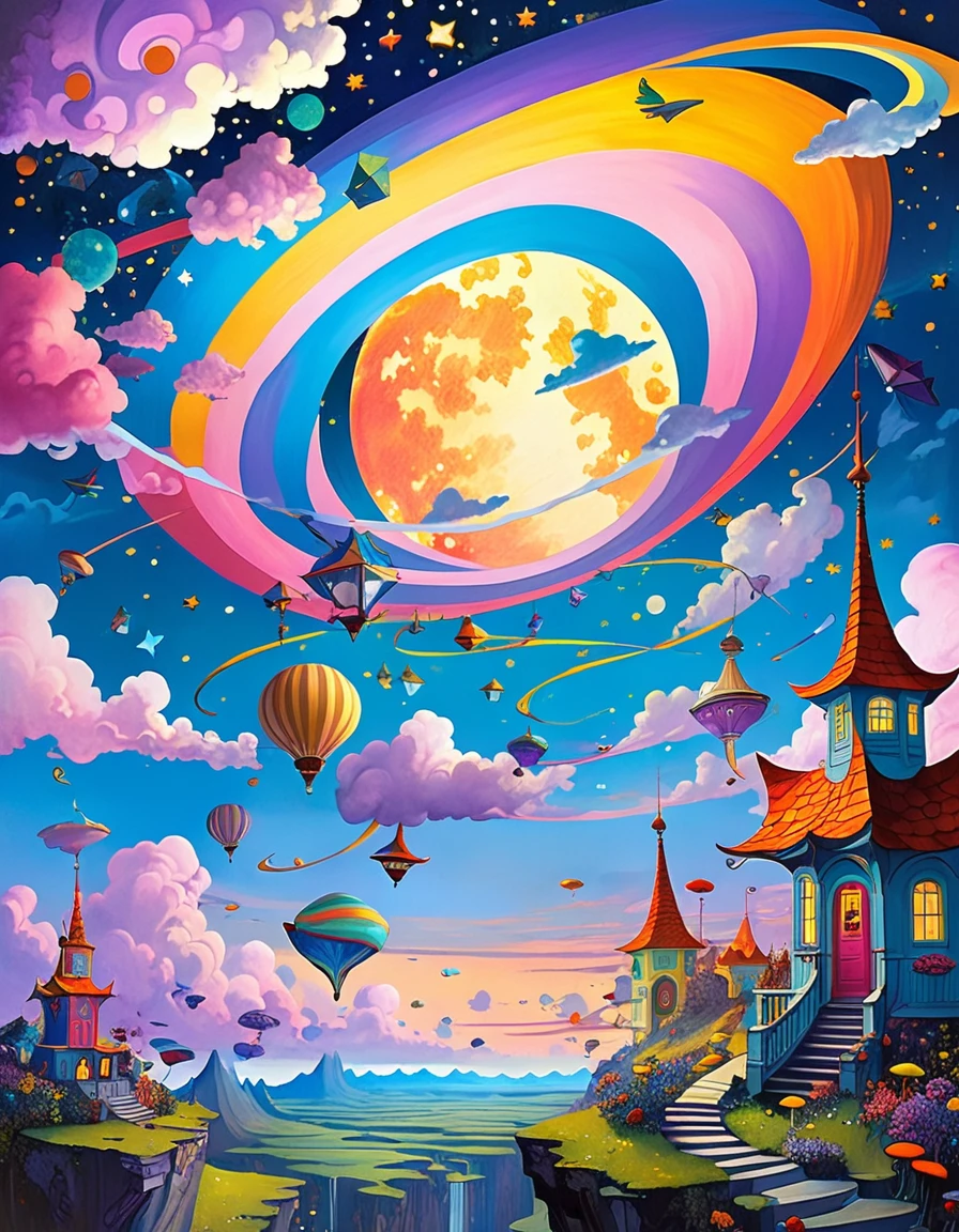 In a whimsical, colorful cartoon world, a kaleidoscope of flying objects swirls against surreal landscapes, inspired by the ethereal sounds of Midnight Tunes. Gentle mews and epic dreams converge as vibrant colors and exaggerated shapes come alive. A fantastical realm unfolds, reminiscent of Etam Cru's distinctive art style. Against a backdrop of swirling clouds and starry skies, photorealistic concept art by Rebeca Saray and Brad Kunkle captures the magic of this world in motion. (art inspired in Bill Sienkiewicz). oil painting) 