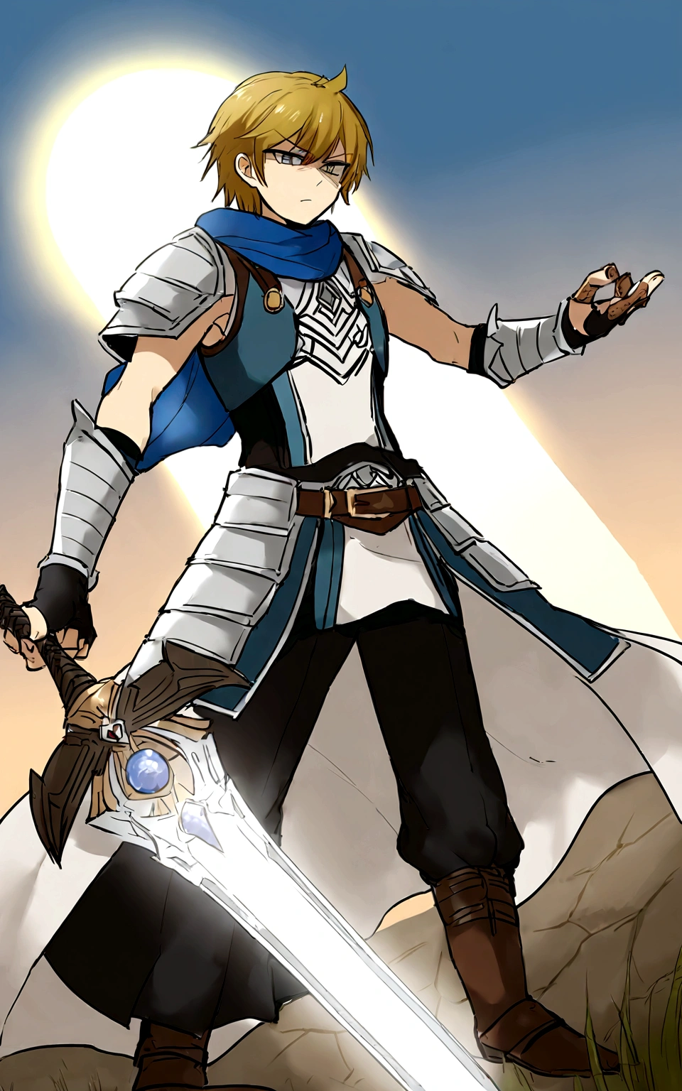magine uma cena épica de confronto entre o herói e the villain do jogo Half-Minute Hero para PSP. The Hero, dressed in shining armor and holding a magical sword, is in an open field lit by the setting sun. His face shows determination as he prepares for the final confrontation. Ao fundo, the villain, with a sinister aura and black robes, lifts powerful magic in your hands, ready to launch it against the hero. The sky is tinged with shades of orange and red, reflecting the intensity of the moment. In this battle against time scenario, both characters are ready to decide the fate of the world in just thirty seconds.