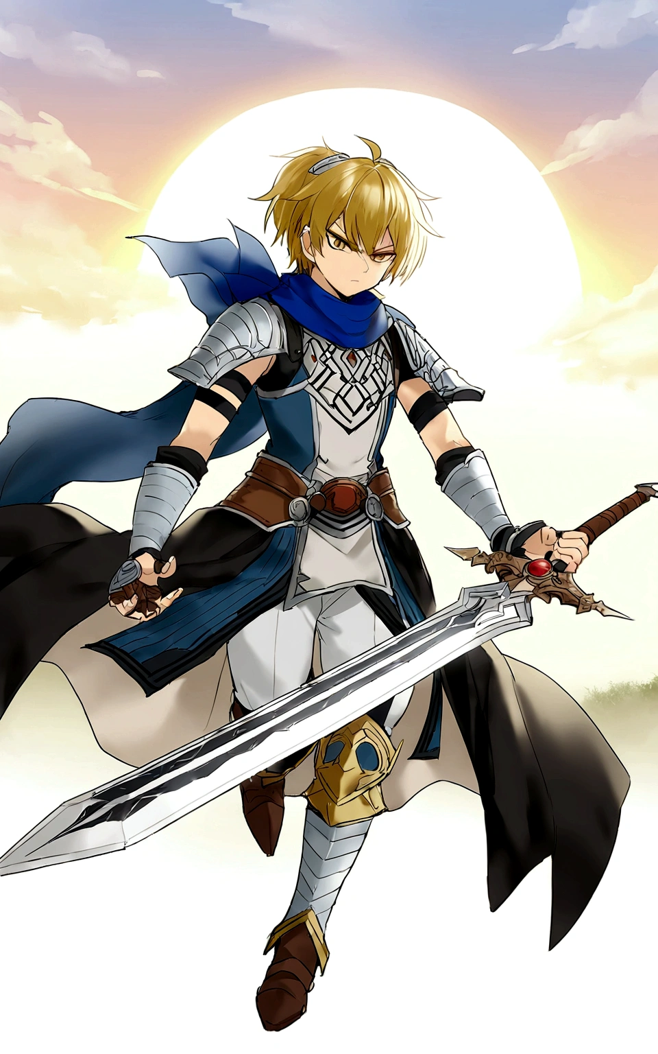 magine uma cena épica de confronto entre o herói e the villain do jogo Half-Minute Hero para PSP. The Hero, dressed in shining armor and holding a magical sword, is in an open field lit by the setting sun. His face shows determination as he prepares for the final confrontation. Ao fundo, the villain, with a sinister aura and black robes, lifts powerful magic in your hands, ready to launch it against the hero. The sky is tinged with shades of orange and red, reflecting the intensity of the moment. In this battle against time scenario, both characters are ready to decide the fate of the world in just thirty seconds.
