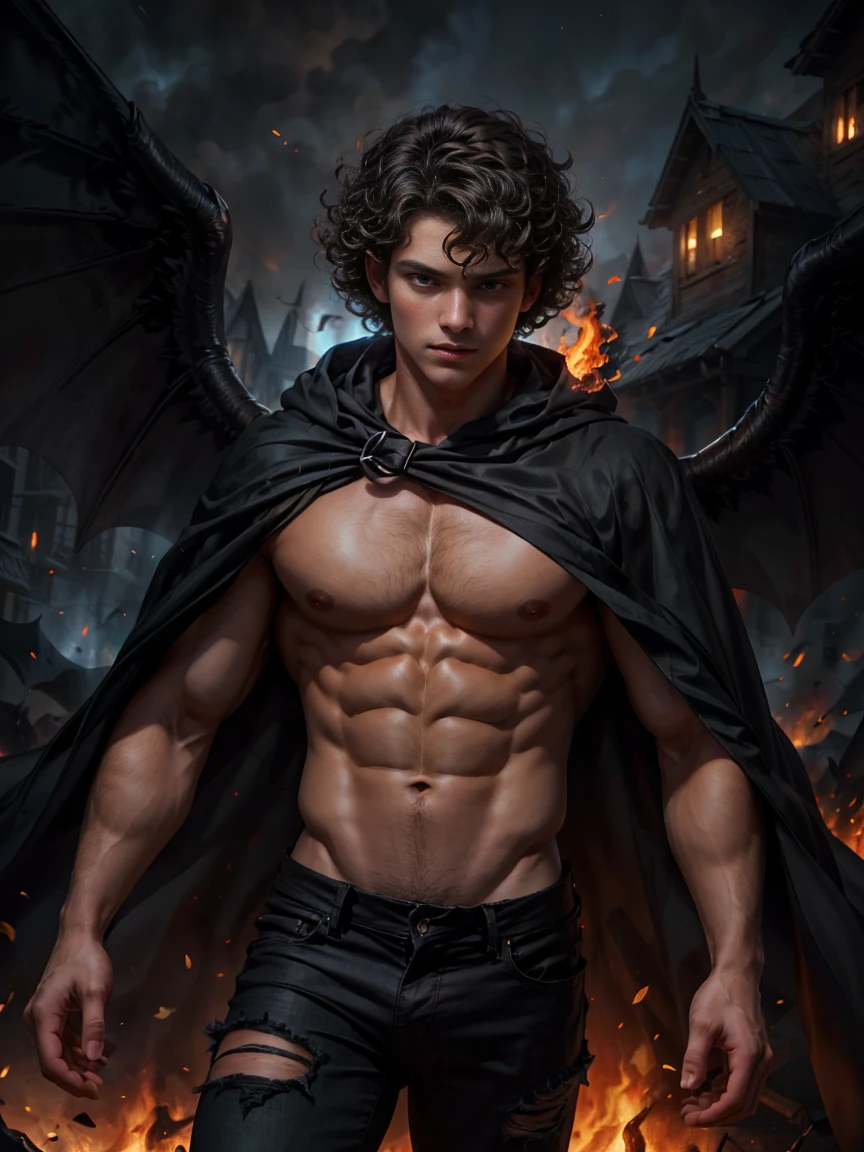 trunk, close the portrait, 1 boy in a war scene at night, ((curly hair)), beautiful  face, athletic body, wearing no shirt, (perfect chest), wearing black jeans, (wearing a black cloak blown by the wind), Black Wings, circulating fire  ,{fire around},misty, dazzling, Hyper-Realism