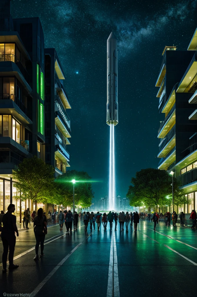 Landscape , city scene , ultra detailed fantasy, magical world,galaxy design sky, futuristic alien technology infrastructure in scene , greenry attached with infrastructure , people in the city , people roaming , people wearning astronaut dress , realistic, behance hd, light spread from the house, night time , master piece