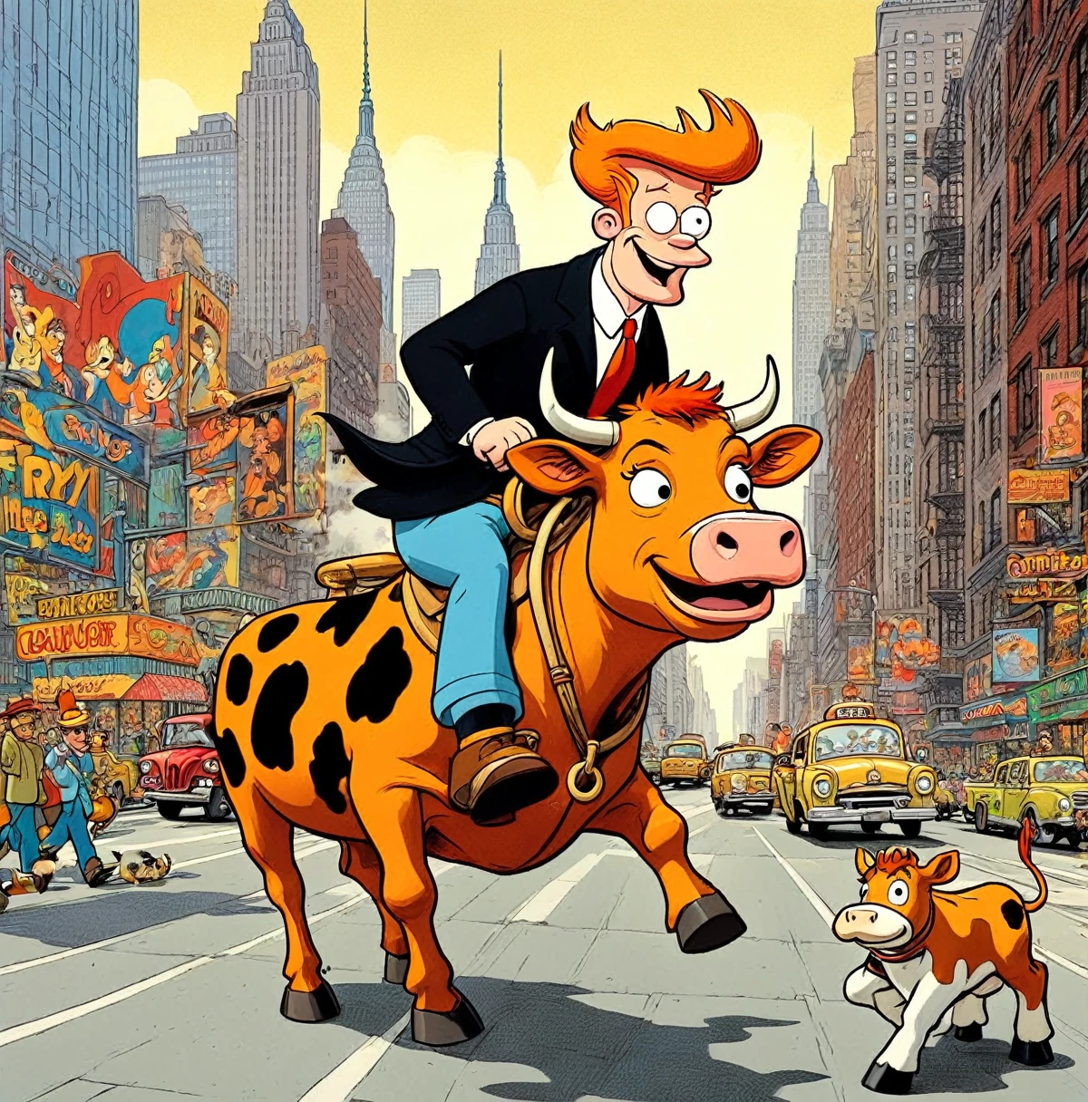 Fry riding Cow on New York City, Style of Hanna-Barbera 