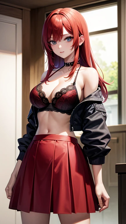 An anime girl with red hair and blue eyes wearing a skirt and an open shirt revealing a black and red lace bra