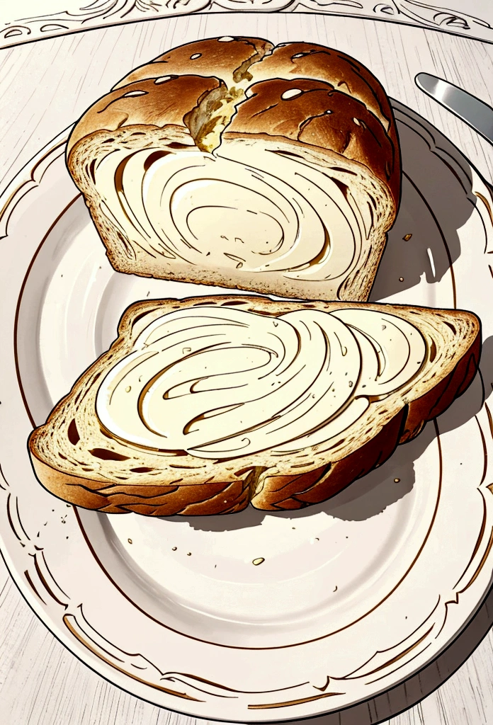 a slice of bread with butter on a white plate