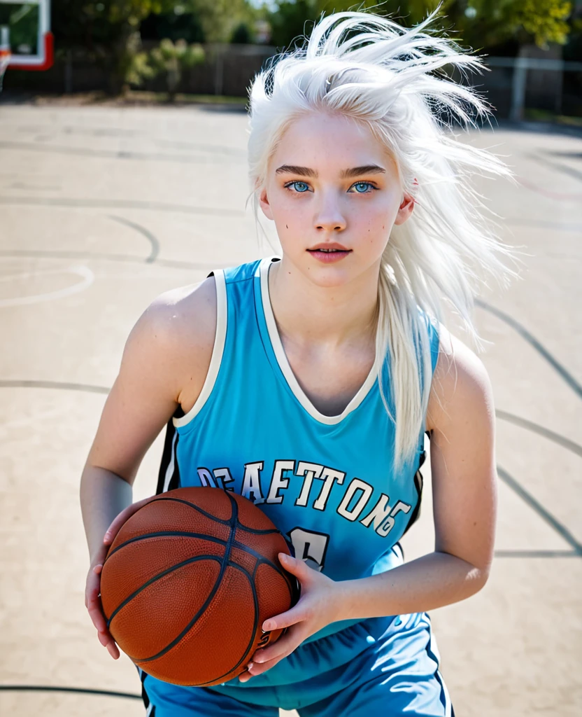 girl with white hair up, light blue eyes, White skin , small, upturned nose and very beautiful playing basketball
