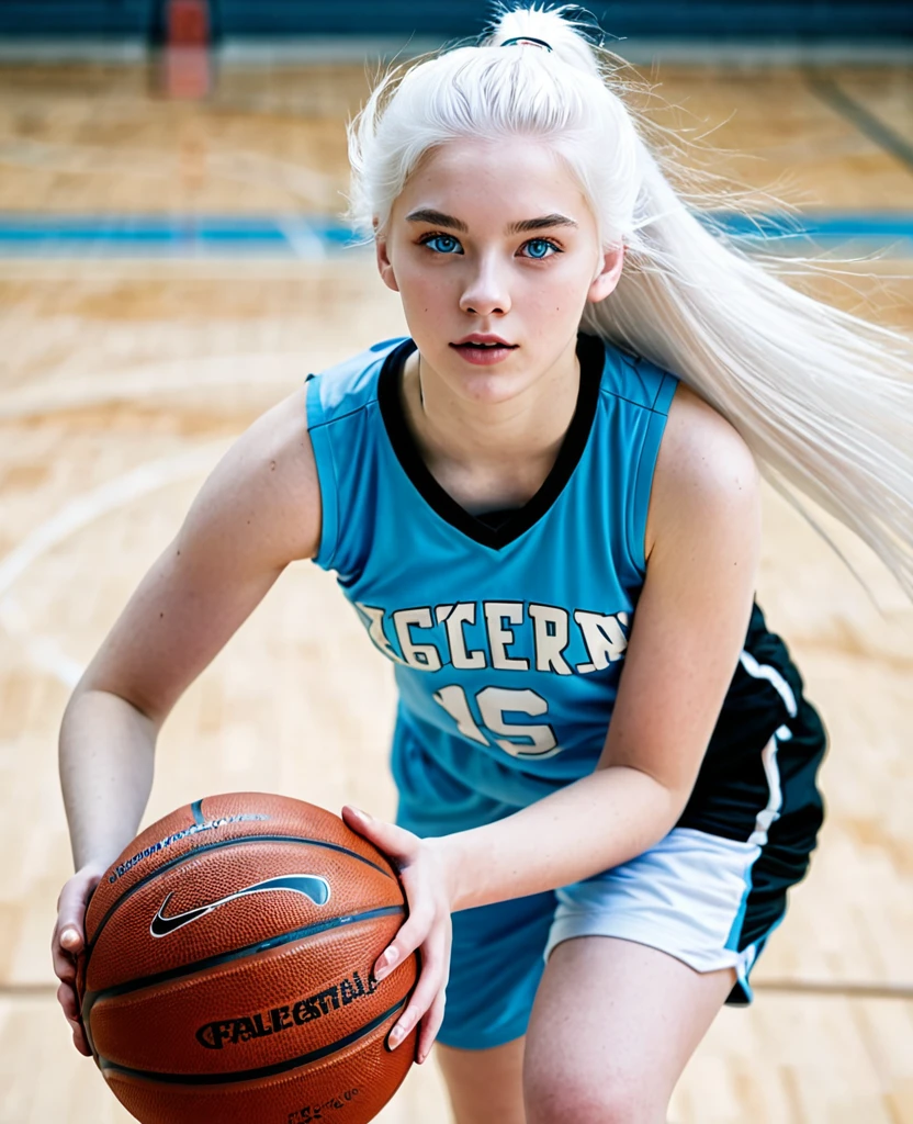 Teenage woman with white hair, light blue eyes and white skin playing basketball