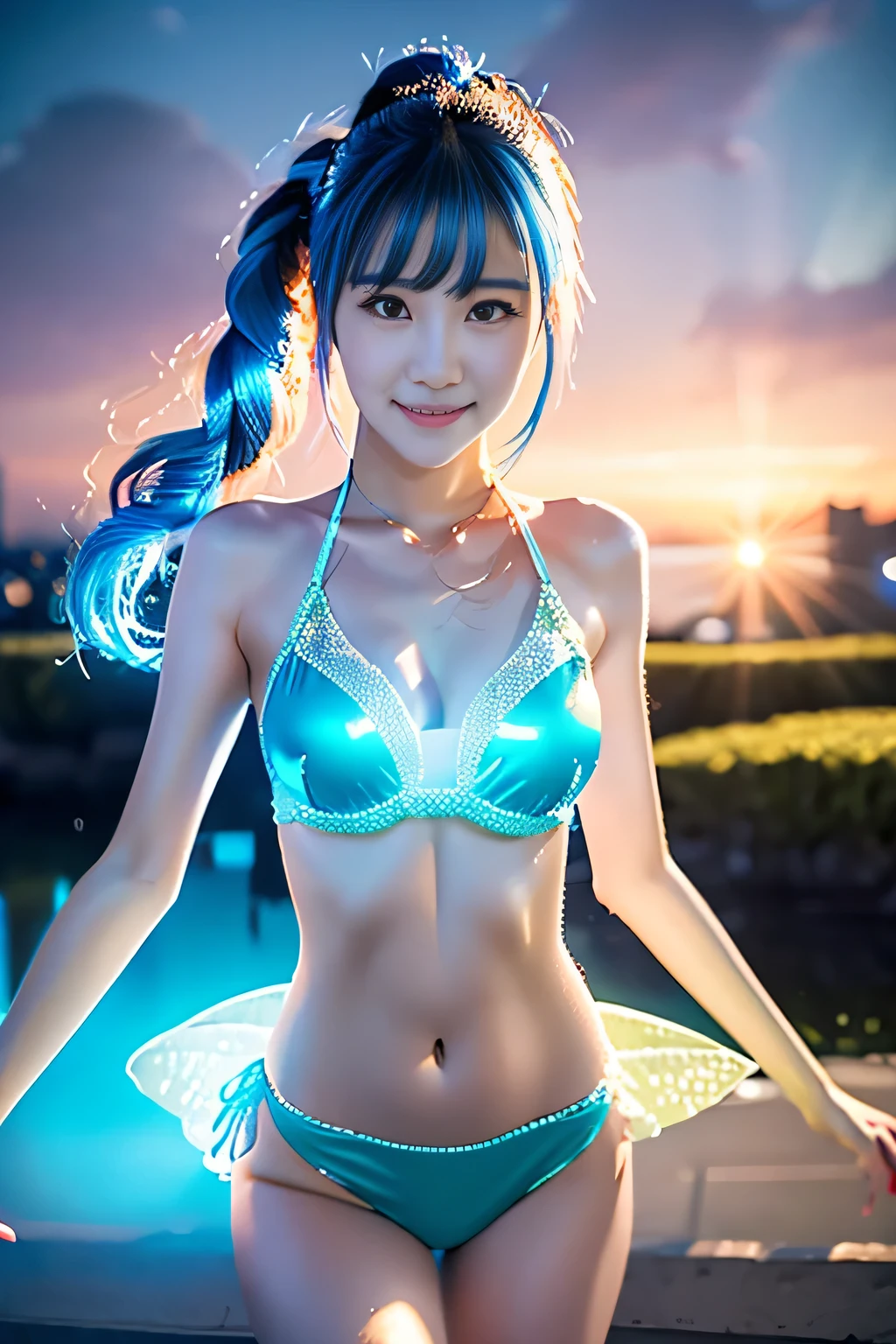 (8K、Live Shooting、Realistic:1.25)、1 Girl、Tinkerbell looks like a 20-year-old girl with a beautiful face.、On top of the old castle、The moon is out、(Blue Hair、Dancing in the air:1.1)、Fairy wings are transparent、whole body、LED Bikini、Lip gloss、Shiny skin、Highest quality、Ultra-high resolution、