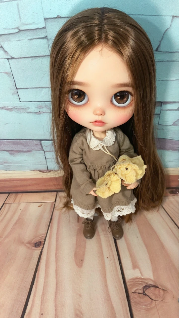 blythe doll with brown curly hair, brown eyes, white skin without bangs