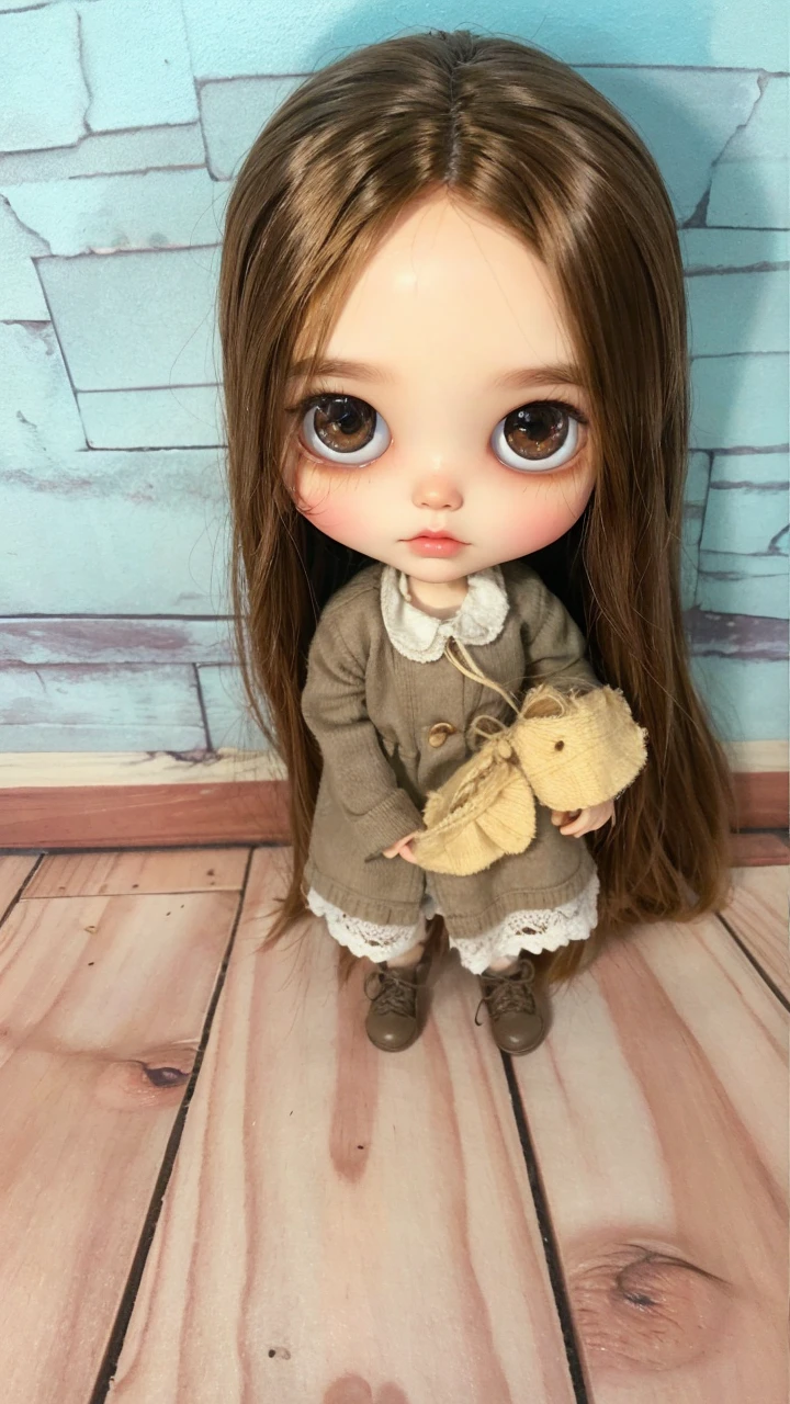 blythe doll with brown curly hair, brown eyes, white skin without bangs