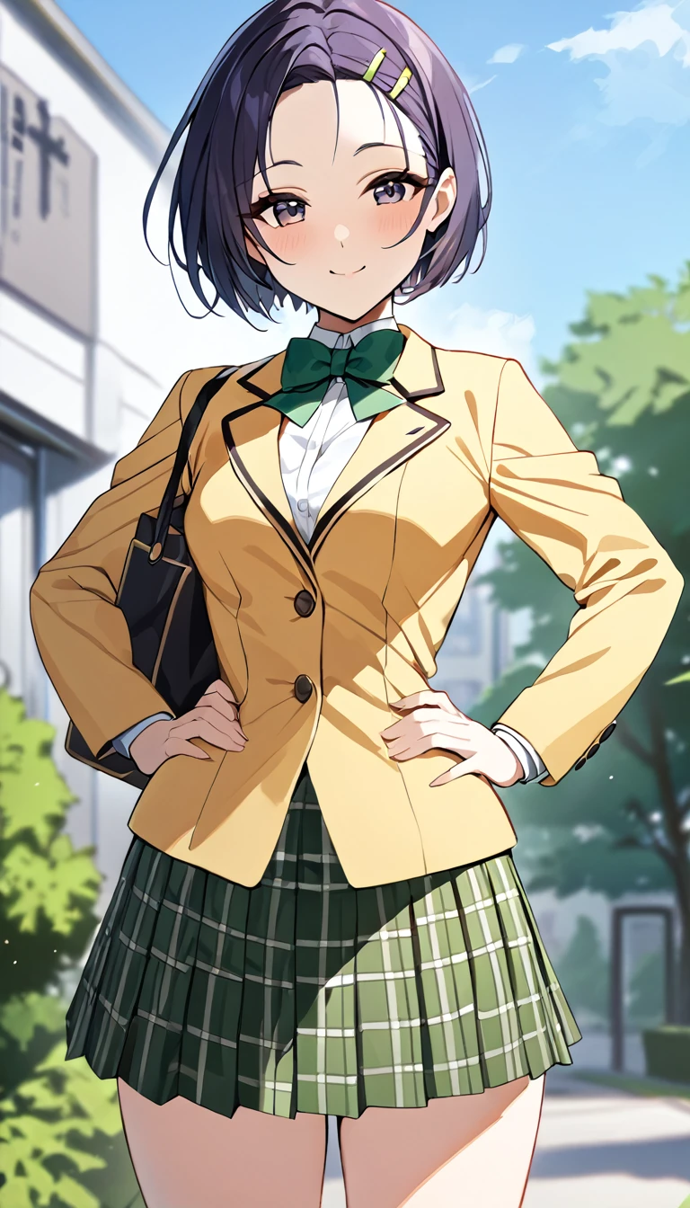 masterpiece, best quality, highres, aaharuna, short hair, hairclip, forehead, 1girl, solo, green bowtie, blazer, yellow jacket, long sleeves, plaid skirt, green skirt, standing, put hands on hip,cowboy shot, outdoors, smile, closed mouth,