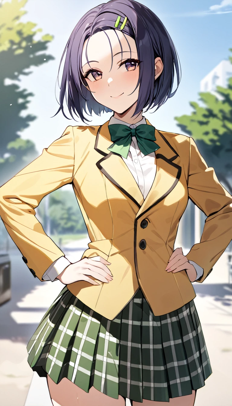 masterpiece, best quality, highres, aaharuna, short hair, hairclip, forehead, 1girl, solo, green bowtie, blazer, yellow jacket, long sleeves, plaid skirt, green skirt, standing, put hands on hip,cowboy shot, outdoors, smile, closed mouth,