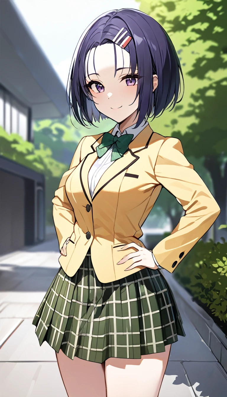 masterpiece, best quality, highres, aaharuna, short hair, hairclip, forehead, 1girl, solo, green bowtie, blazer, yellow jacket, long sleeves, plaid skirt, green skirt, standing, put hands on hip,cowboy shot, outdoors, smile, closed mouth,