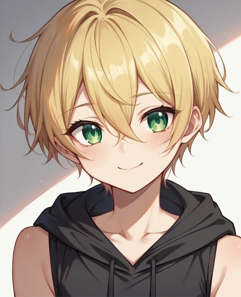 （One girl）、((short hair))、((Blonde))、（Sato Air）、((boyish))、Crossdresser、cute、((flat chest))、green eyes、rotund、Robes、Black hoodie、Black sleeveless、((hairs between eyes))、light smile