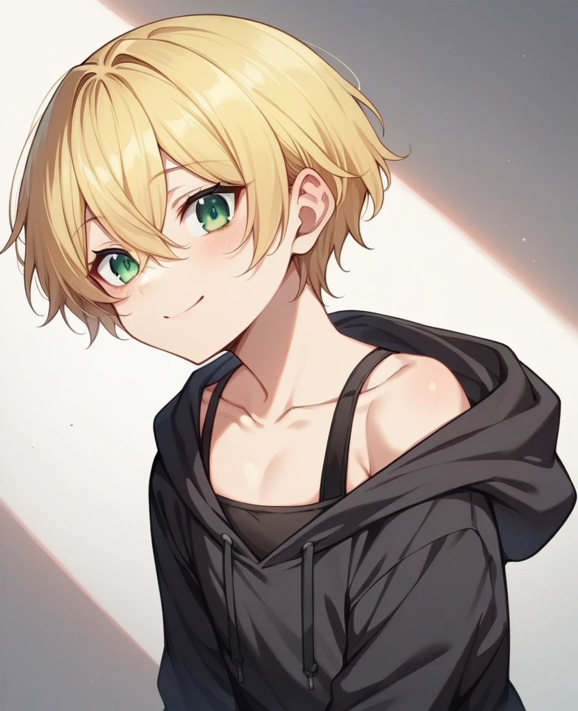 (One girl)、((short hair))、((Blonde))、(Sato Air)、((boyish))、Crossdresser、((flat chest))、green eyes、plump、Black sleeveless、((hairs between eyes))、light smile