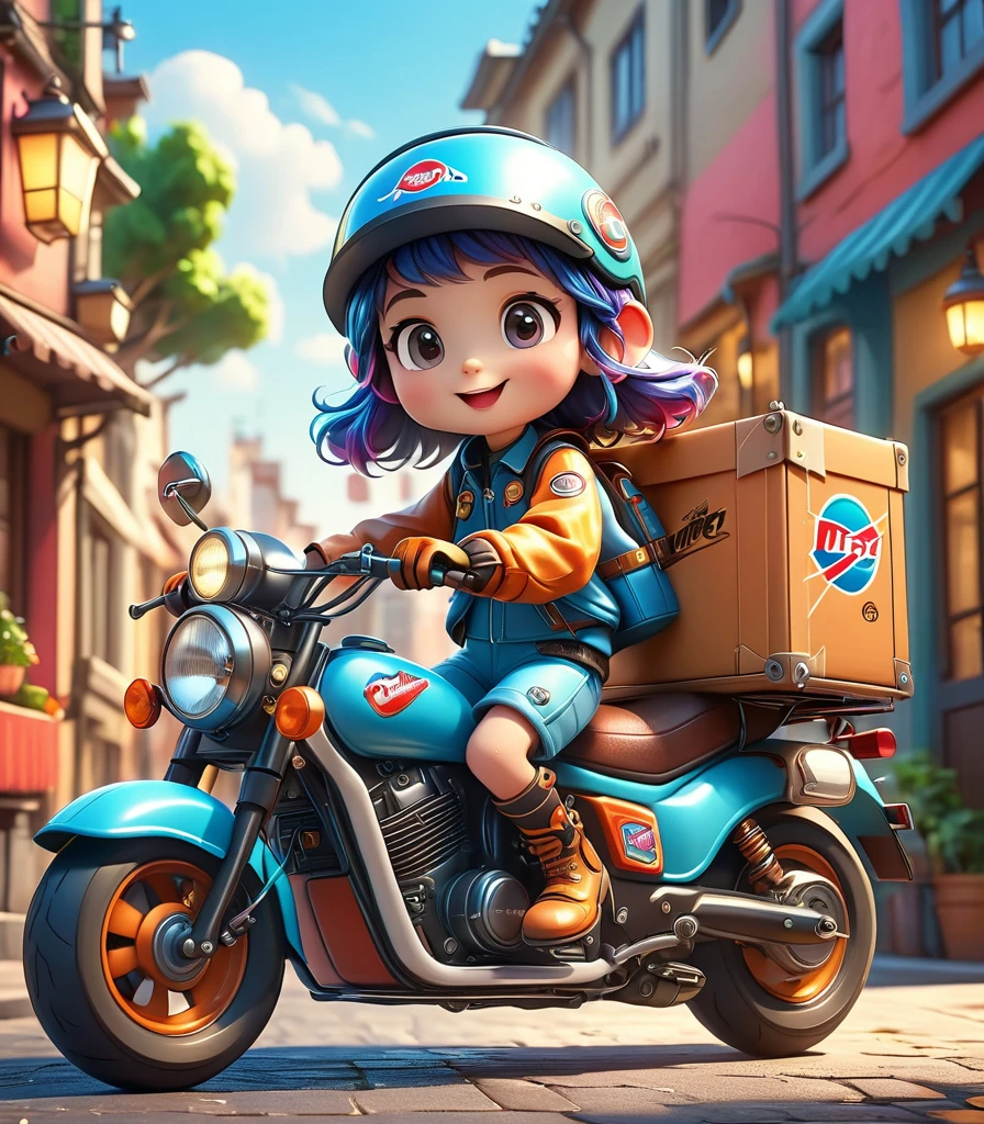 A cute cartoon delivery courier riding a motorcycle, detailed helmet, 3D rendering, vibrant colors, dynamic pose, cinematic lighting, whimsical atmosphere, masterpiece, best quality, 8k, ultra-detailed, photorealistic