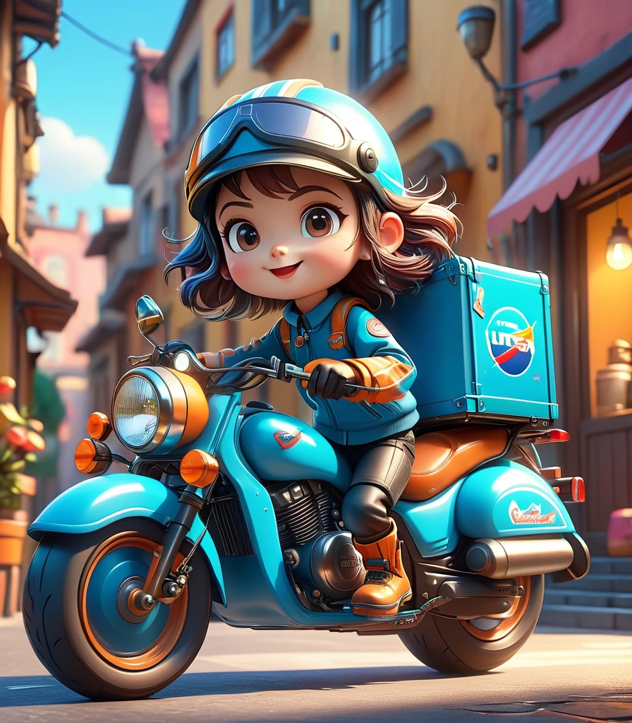 A cute cartoon delivery courier riding a motorcycle, detailed helmet, 3D rendering, vibrant colors, dynamic pose, cinematic lighting, whimsical atmosphere, masterpiece, best quality, 8k, ultra-detailed, photorealistic