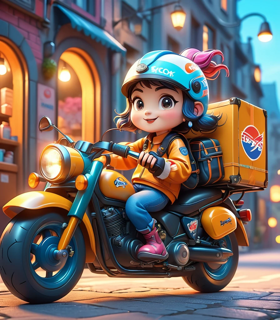 A cute cartoon delivery courier riding a motorcycle, detailed helmet, 3D rendering, vibrant colors, dynamic pose, cinematic lighting, whimsical atmosphere, masterpiece, best quality, 8k, ultra-detailed, photorealistic