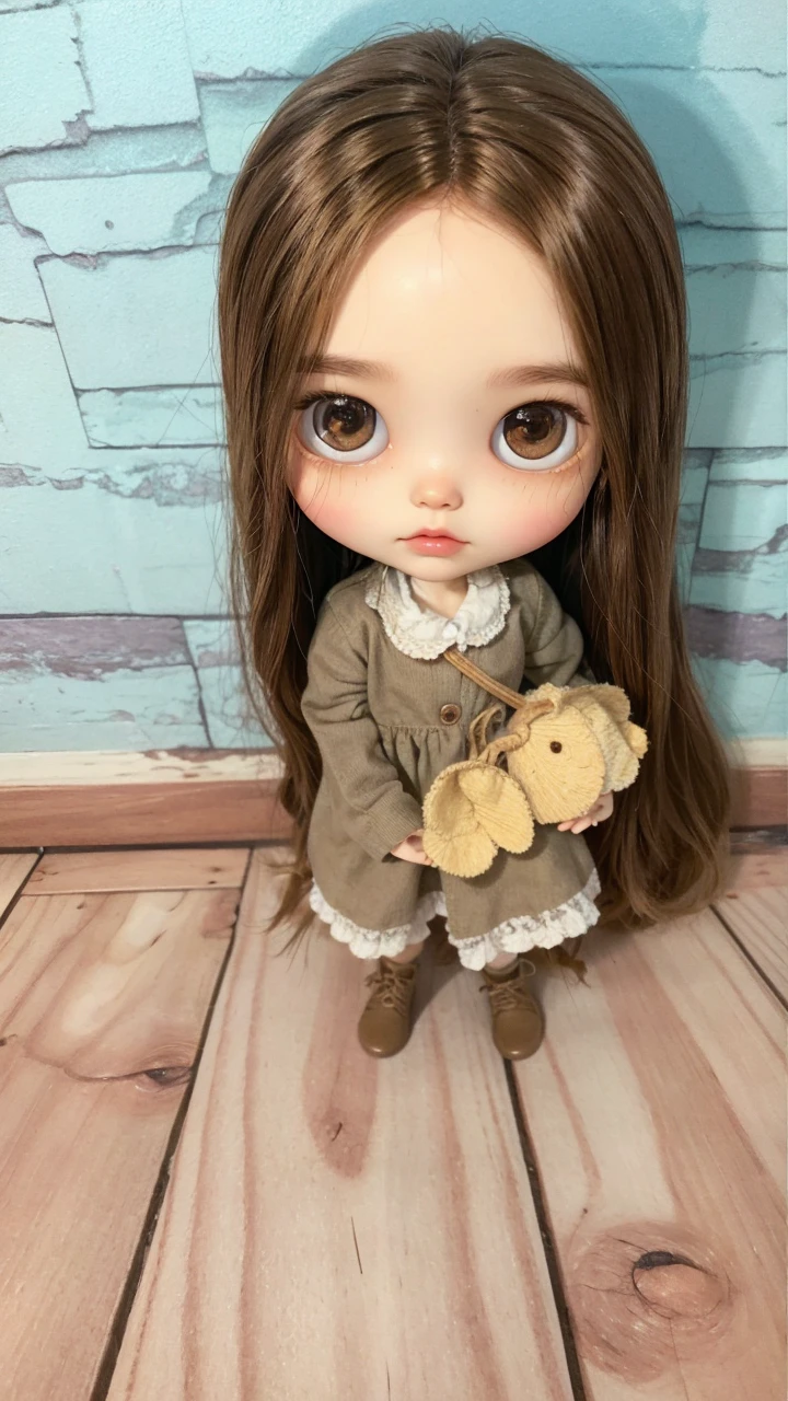 blythe doll with brown curly hair, brown eyes, white skin without bangs