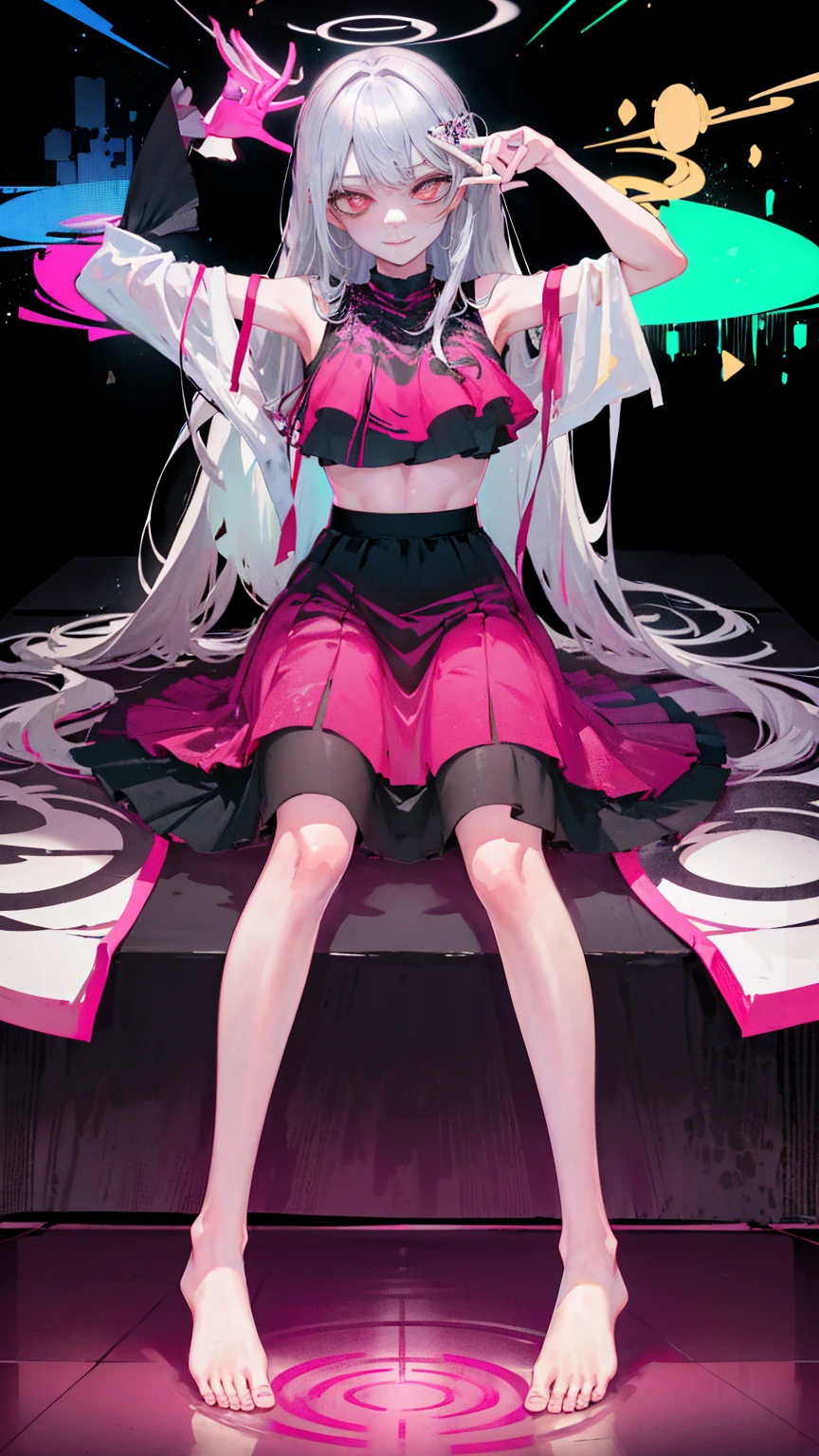 Super Resolution,geometric abstraction,Oblique perspective,Overlooking,sit sideways,Look down at the camera,
(Realistically:1.3),Double tail,
(1 Slim girl), Fashion女孩, Fashion,underwear,
Young face, Red eye makeup,Blushed, (Energetic smile),Split legs,do the splits,
(Slim) thigh,Tired Dancer,
,Fashion show,cheongsam,on stage,kneel,audience,Full body image,barefoot,Emo Girl, Kawaii, Silver Hair,