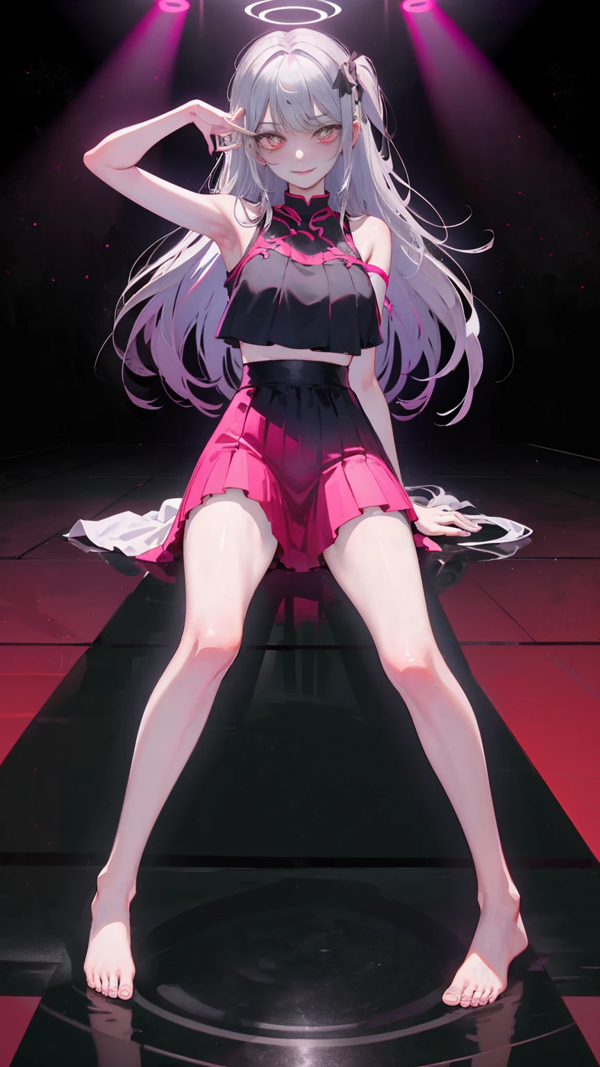 Super Resolution,geometric abstraction,Oblique perspective,Overlooking,sit sideways,Look down at the camera,
(Realistically:1.3),Double tail,
(1 Slim girl), Fashion女孩, Fashion,underwear,
Young face, Red eye makeup,Blushed, (Energetic smile),Split legs,do the splits,
(Slim) thigh,Tired Dancer,
,Fashion show,cheongsam,on stage,kneel,audience,Full body image,barefoot,Emo Girl, Kawaii, Silver Hair,