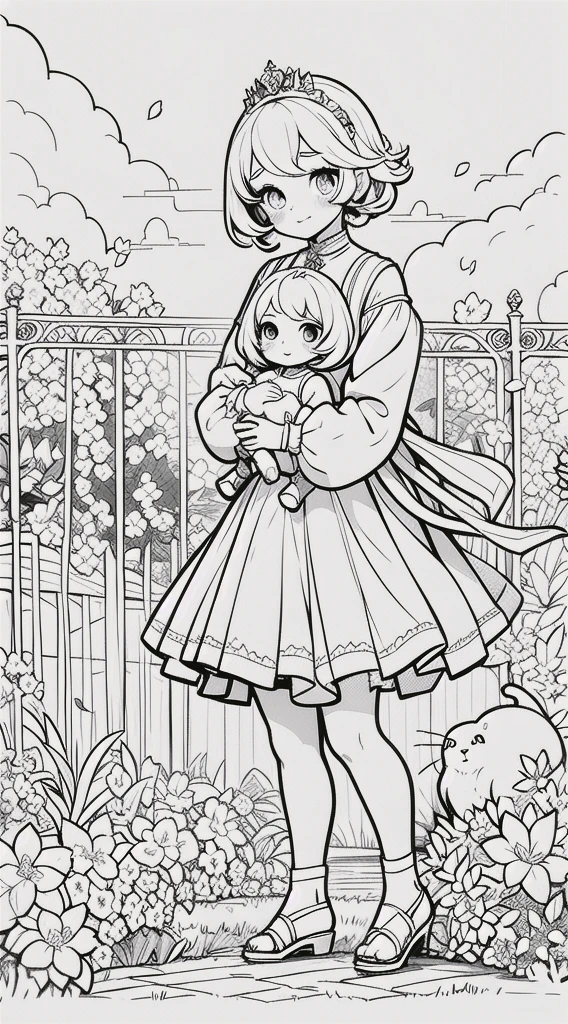 Girl with cat in your arms, kawaii princess, cat kawaii, girl standing, (Flower garden), short hair, full body, in the center of the camera, line art, black and white art .