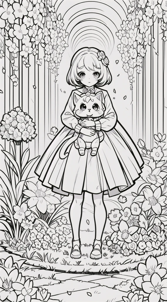 Girl with cat in your arms, kawaii princess, cat kawaii, girl standing, (Flower garden), short hair, full body, in the center of the camera, line art, black and white art .