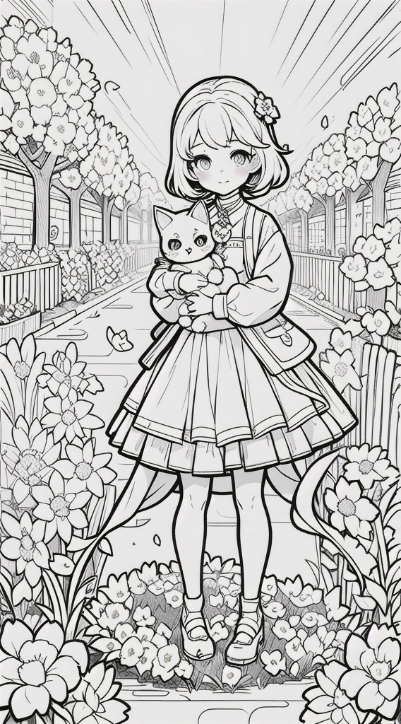 Girl with cat in your arms, kawaii princess, cat kawaii, girl standing, (Flower garden), short hair, full body, in the center of the camera, line art, black and white art .