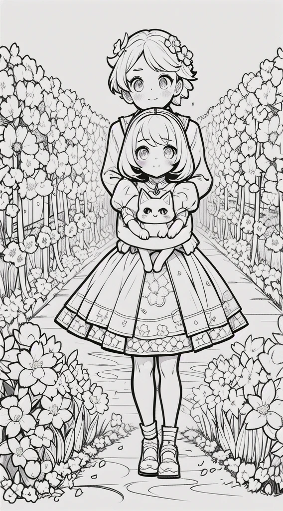 Girl with cat in your arms, kawaii princess, cat kawaii, girl standing, (Flower garden), short hair, full body, in the center of the camera, line art, black and white art .