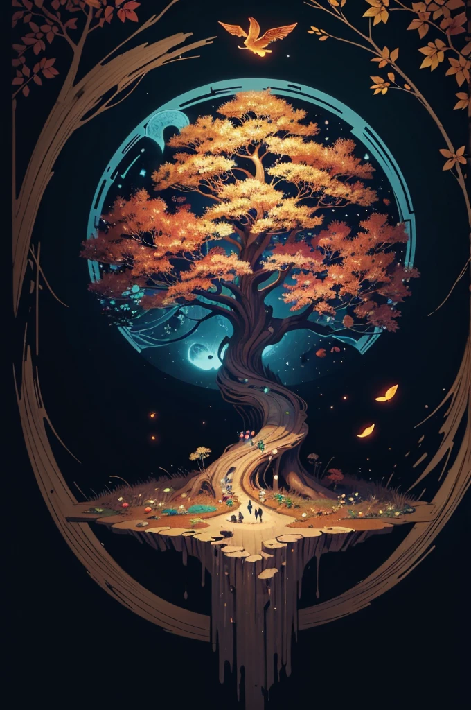 circular tree,four seasons,spring,summer,autumn,winter,leaves,roots,branches,trunk,ornate border,decorative,digital illustration,artwork,movement,time,swirling background,dark background,vibrant colors,natural,life cycle,growth,change,nature,life,peace,harmony,spirituality,symbolism,digital art,illustration,painting,graphic design,art,design,digital media,online art,visual art,fine art,fantasy