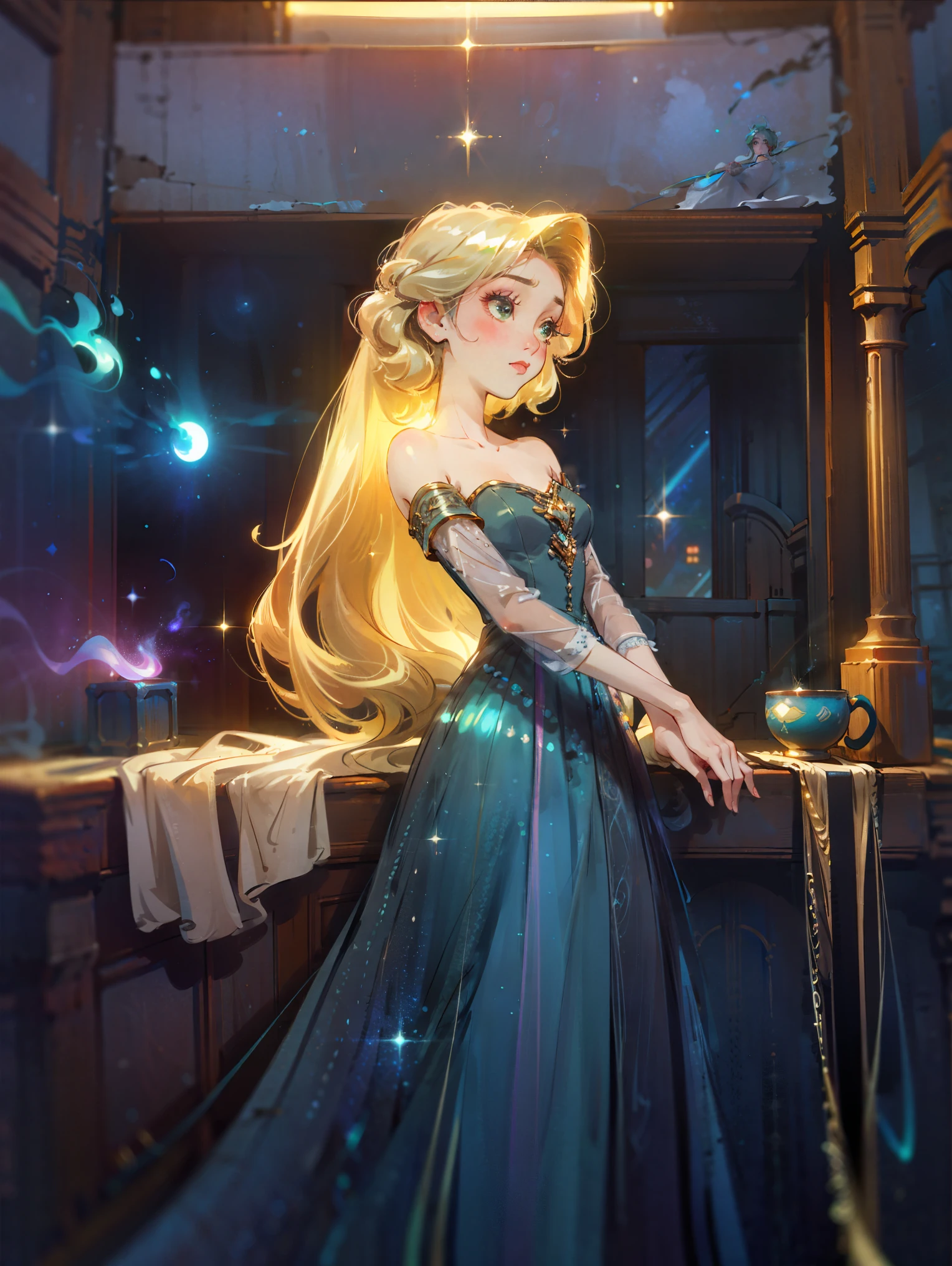bioluminescent shiny glow, beautiful girl in flowing ballgown dress, galaxy style dress, galaxy glow, sparkling, ethereal, fluffy flowing hair, silky glistening iridescent ash hair,