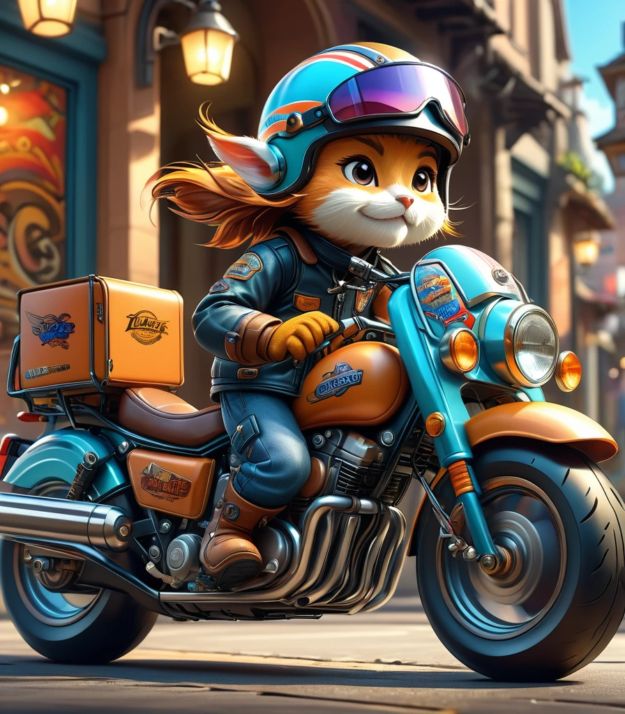 a motorcycle courier wearing a helmet, 3D, cute cartoon style, detailed, highly detailed, intricate, sharp focus, masterpiece, vibrant colors, dynamic motion, photorealistic, studio quality, cinematic lighting, dramatic angles, high quality, digital painting, concept art
