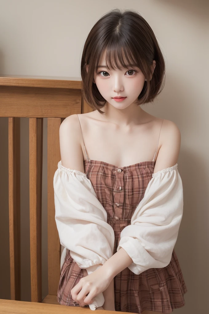Ultra High Resolution, (Realistic: 1.4), RAW Photo, Best Quality, (Photorealistic), Focus, Soft Light, ((15 years old)), ((Japanese)), (Front, Young Face))), (Depth of Field), (One Piece), Masterpiece, (Photoreal), Woman, Bangs, (( off-the-shoulder top, Bedroom, 1 Girl))