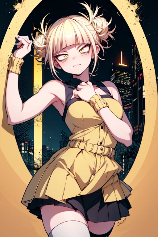 Himiko toga ,\(my hero academia\),my hero academia,picture perfect,eyes perfect ophimiko toga\(my hero academia\),my hero academia,perfect picture,perfect eyes,Short blond hair with two messy pulps in the hair and yellow eyes with cat pupils,  wearing strapless dress, with straight pencil skirt, very sensual, 