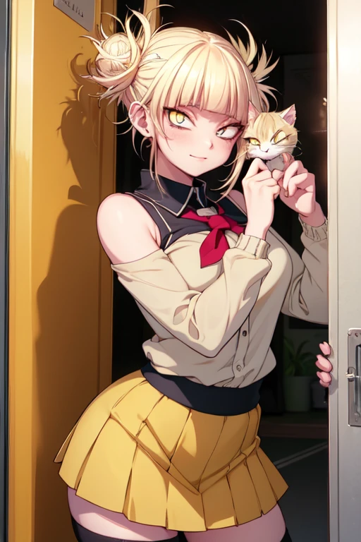Himiko toga ,\(my hero academia\),my hero academia,picture perfect,eyes perfect ophimiko toga\(my hero academia\),my hero academia,perfect picture,perfect eyes,Short blond hair with two messy pulps in the hair and yellow eyes with cat pupils, wearing strapless dress, with straight pencil skirt, very sensual,