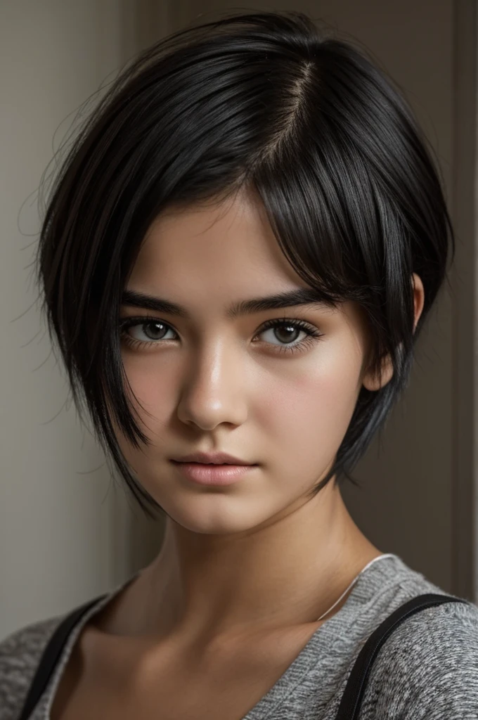 Create a 16 year old girl with short black hair and a boring face
