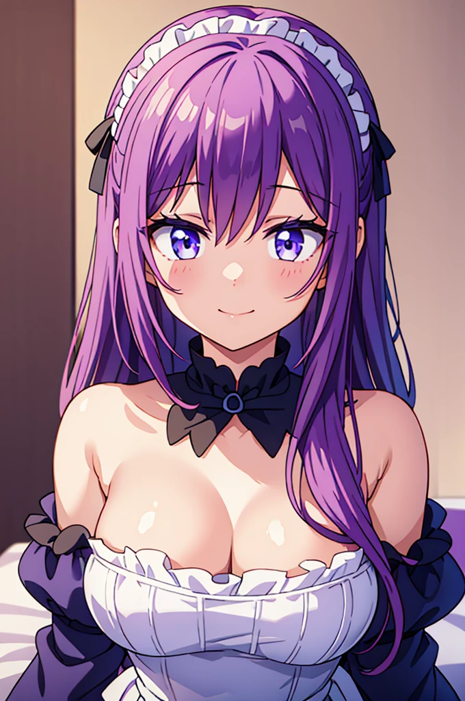 1girl, purple hair, purple eyes, light smile, wearing maid costume, close portrait, close, high res, ultrasharp, 8K, masterpiece, looking at viewer, only face and shoulder in frame, hands not in frame, varying delicate poses, in light pink bed, bedroom background ,