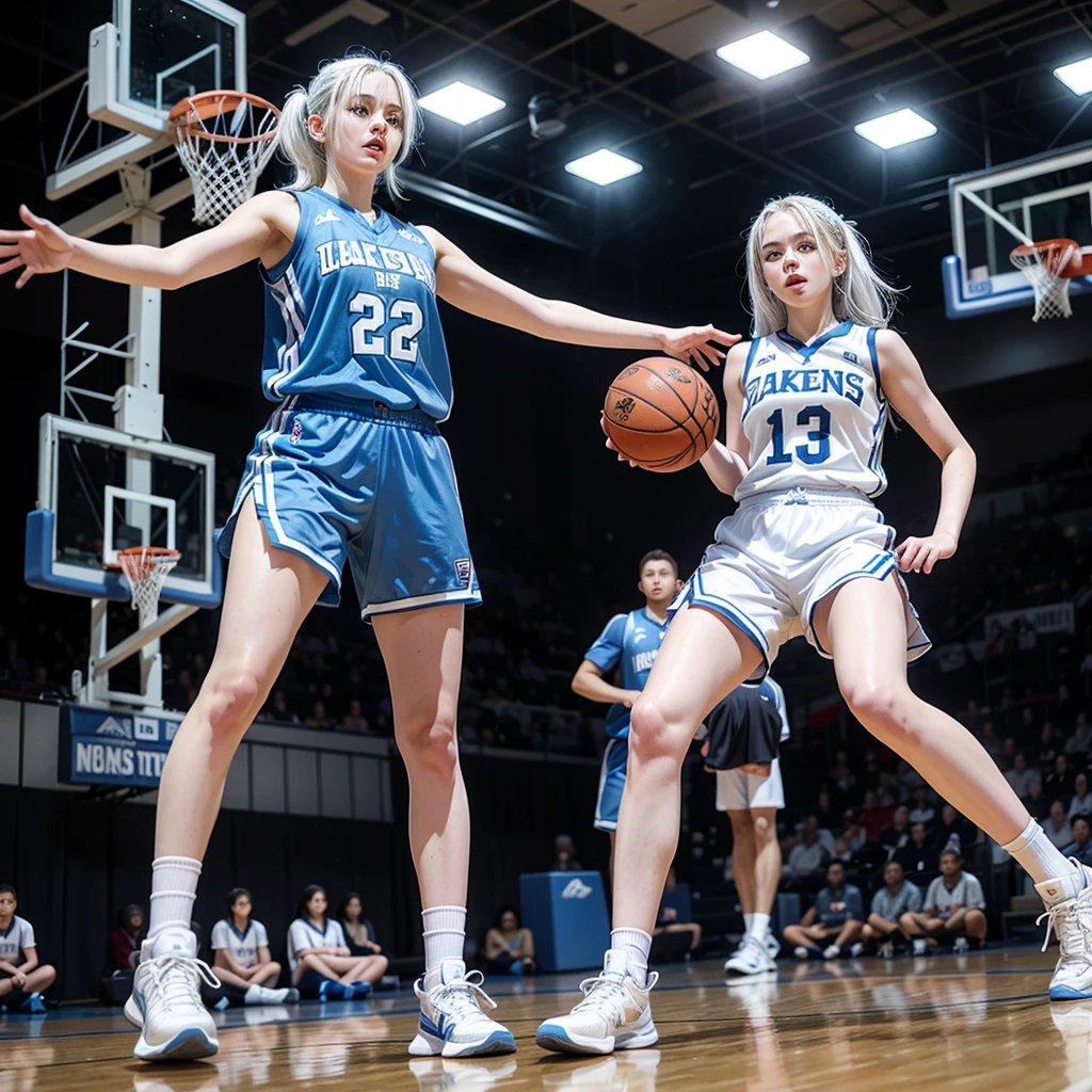 14 year old girl with white hair up, light blue eyes, white skin basketball player smiling hugging teammate full body