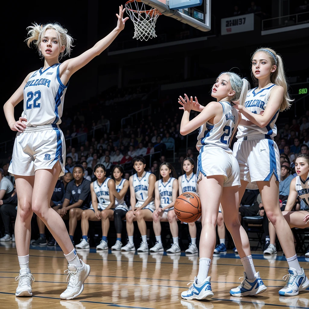 Teenage woman with white hair, light blue eyes and white skin wearing basketball uniform full body