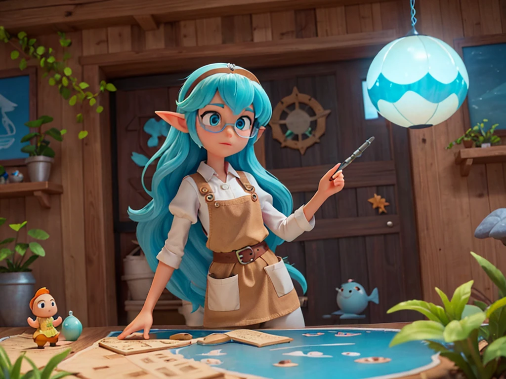 Character Details and Environment for Imaging Disney Pixar Style Character 4:
name: luna, the Princess of the Seas Description: luna é uma sereia corajosa e gentil, Known for her love of the ocean and its creatures. She is curious about the world above water and dreams of exploring dry land..
Physical characteristics:
kor: young adult (equivalent to 18 human years)
Height: cerca de 1,7 meters (from head to tail)
physical build: Delicate and slender, with a long, elegant train.
eyecolor: Sea Blue Hair: Long and wavy, in shades of blue and green.
Tailpussy: Shiny scales in shades of blue and turquoise, with iridescent details.
Environment 4:
location: Undersea Kingdom Scenario Details: A coral palace with shell towers, underwater gardens with exotic plants, colorful fish swimming around, rays of sunlight filtering through the water, and magnificent rock formations. Air bubbles float across the scene, creating a magical effect.
Character 5:
name: Finn, the Inventor of the Village Description: Finn is a brilliant young inventor full of ideas, always creating gadgets to help your village. He's curious, determined and a little clumsy, but very loved by everyone.
Physical characteristics:
kor: adolescent (equivalent to human years)
Height: cerca de 1,6 metros
physical build: Thin and slightly clumsy.
eyecolor: Light Brown Hair: Light brown and messy, with a red bandana.
vestimentas: Work apron with pockets full of tools, head protection glasses.
Environment 5:
location: Workshop in the Village Scenario details: A workshop full of incomplete tools and inventions, shelves full of parts and gears, a large blackboard with sketches of projects, a large window overlooking the bucolic village. Sunlight streams in through the window, lighting the dust in the air.
Character 6:
name: Mira, the Guardian of the Forest Description: Mira is an elf guardian of the forest, known for its knowledge