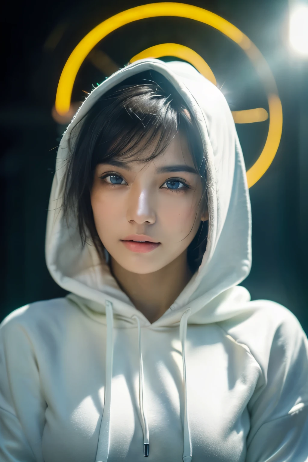 (best quality, masterpiece, Ultra HD, high resolution, Very detailed, HD Facial, Clear images, High Dynamic Range:1.5), (20-year-old female:1.3), (Eyes in focus:1.4), (Film photography style:1.5), (Background neon lights, Neon color fashion, Cyberpunk, Wearing a hoodie、Beautiful woman:1.5), Huge breasts, short hair, (Smooth, Very tender breasts, Glowing skin), Very detailed facial and skin texture, (beautiful eyes, There is light in the eyes, Exquisite eyes:1.2), cleanface, White skin, Very fair skin