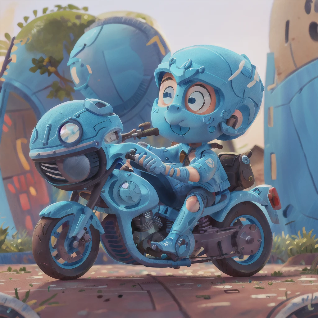 A boy, blue motorcycle, white helmet, road, black clothes, (masterpiece: 1.2) (realistic: 1.2) (bokeh) (best quality) (detailed skin: 1.3) (intricate details) (8K) (detail eyes) (sharp focus),