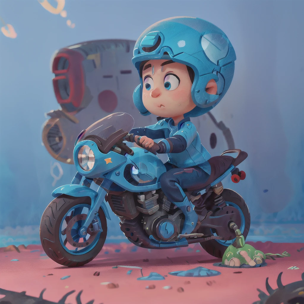 A boy, blue motorcycle, white helmet, road, black clothes, (masterpiece: 1.2) (realistic: 1.2) (bokeh) (best quality) (detailed skin: 1.3) (intricate details) (8K) (detail eyes) (sharp focus), 