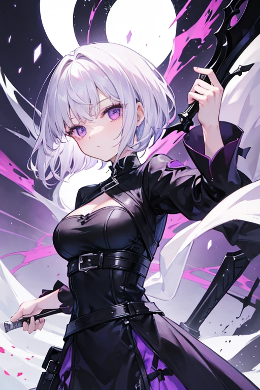 A girl with short white hair, purple eyes wearing a black dress, She carries a sword with a black handle
