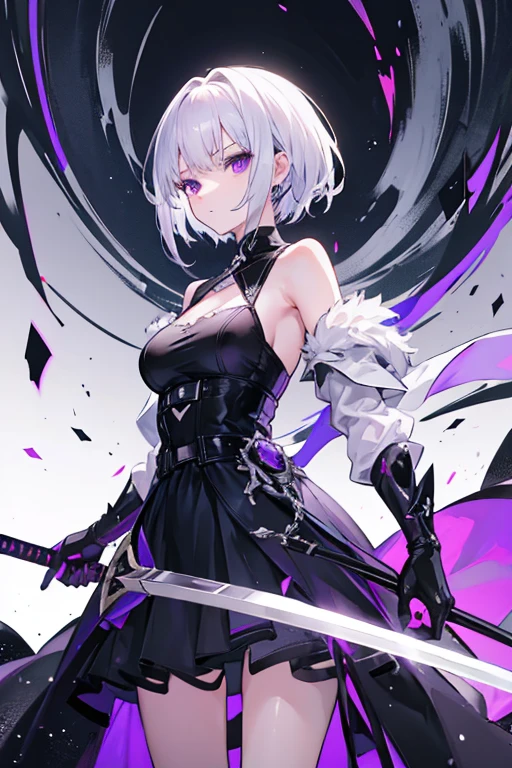 A girl with short white hair, purple eyes wearing a black dress, She carries a sword with a black handle