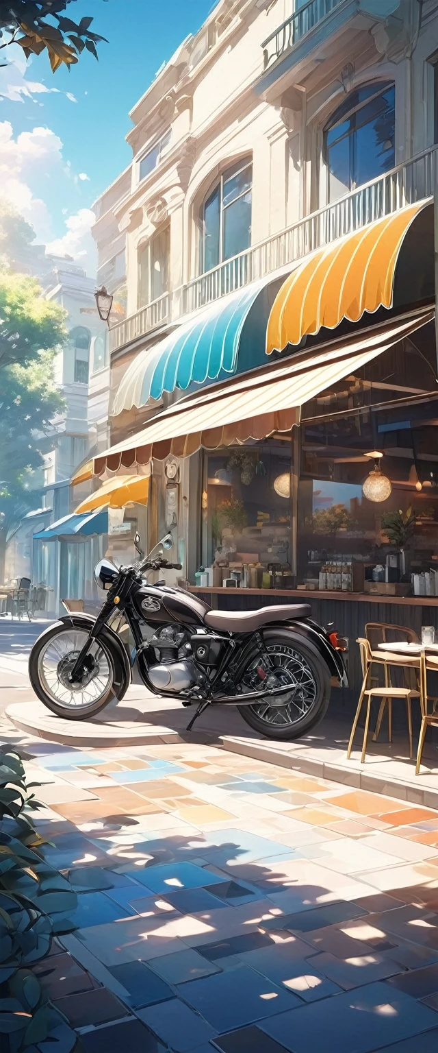 Very eye-catching off-road type handsome black motorcycle.Stop by the outdoor cafe.Surrounded by the dazzling afternoon sun, shadow and shade textures,The whole scene looks lazy and romantic, Effortlessly elegant aesthetics.。Cafe background.(masterpiece, best quality:1.2),art illustration,Abstract surreal colors,Clear and colorful.