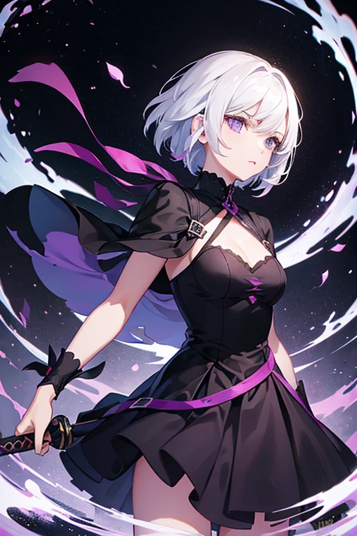 A girl with short white hair, purple eyes wearing a black dress, She carries a sword with a black handle