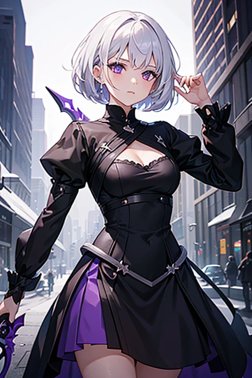 A girl with short white hair, purple eyes wearing a black dress, She carries a sword with a black handle