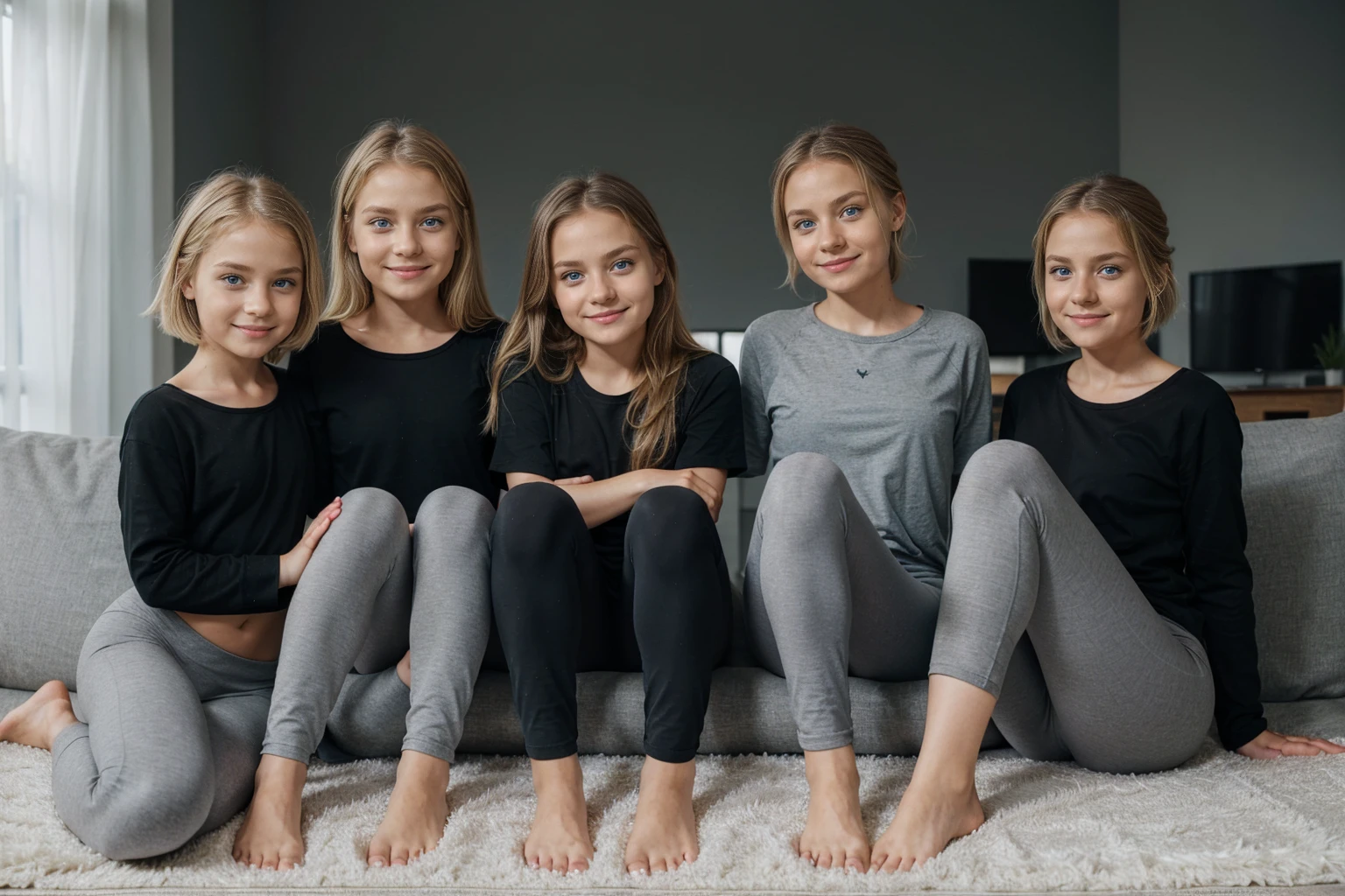 A group of five German blonde  Little girls, Couch, sitting, barefeet, grey yoga pants, black shirt, different haircut, smile